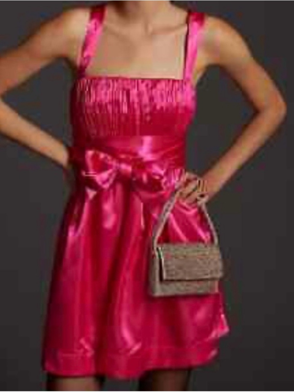 Maeve by Anthropologie Hot Pink Satin Mini Dress with Front Bow-Tie